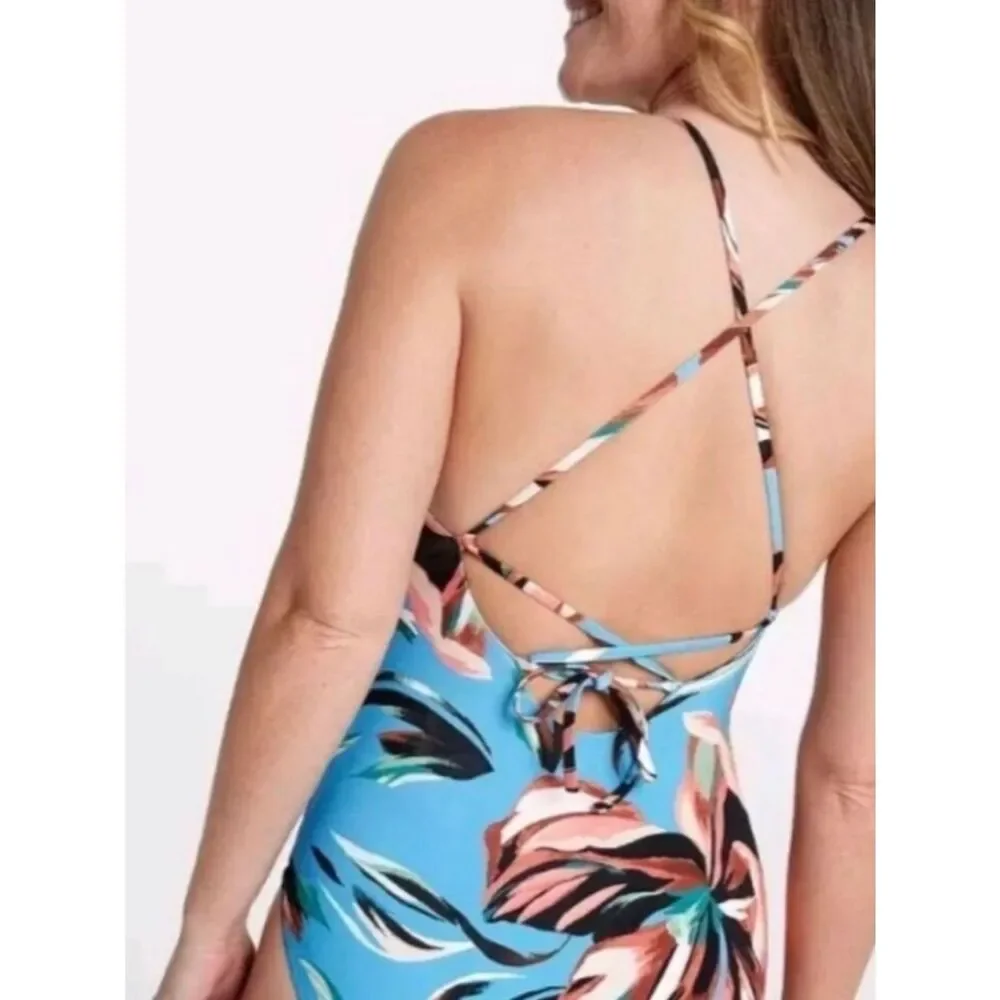 🆕 CALIA Tranquil Floral Blue Triangle Strappy Back One Piece Swimsuit Size 16